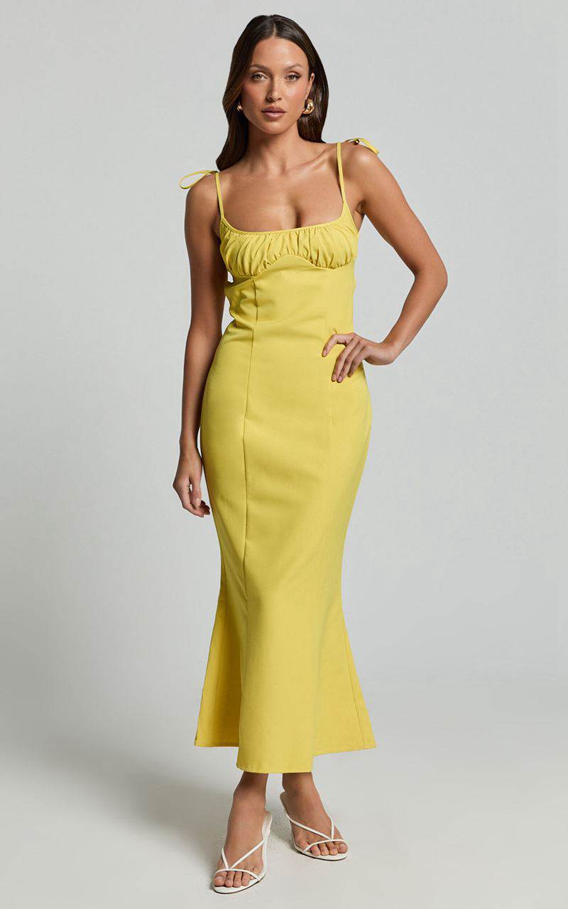 Showpo Karina Midi Dress - Ruched Bust Tie Shoulder Fit And Flare Dress Lemon | PIBWXF572