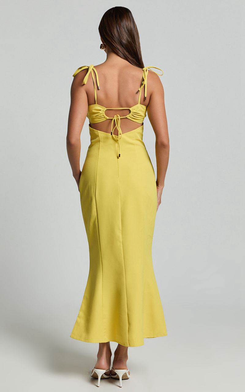 Showpo Karina Midi Dress - Ruched Bust Tie Shoulder Fit And Flare Dress Lemon | PIBWXF572