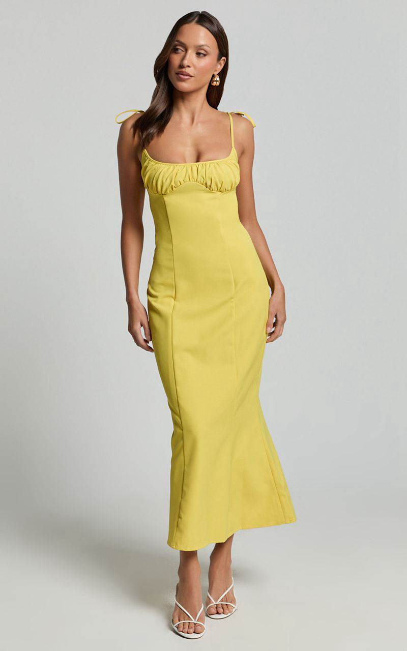 Showpo Karina Midi Dress - Ruched Bust Tie Shoulder Fit And Flare Dress Lemon | PIBWXF572