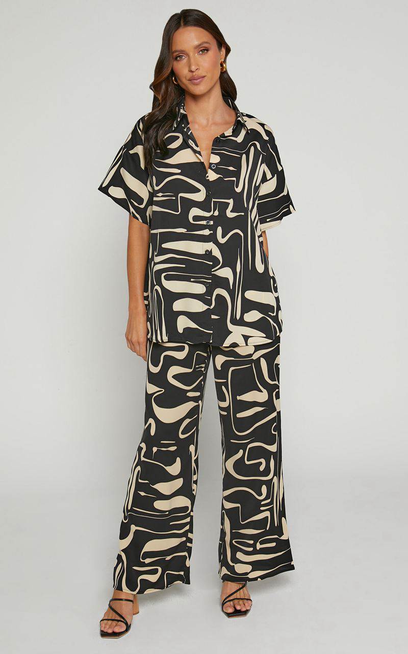 Showpo Karla Two Piece Set - Button Up Shirt And Wide Leg Pants Set Black & Sand Print | PBCLNG796