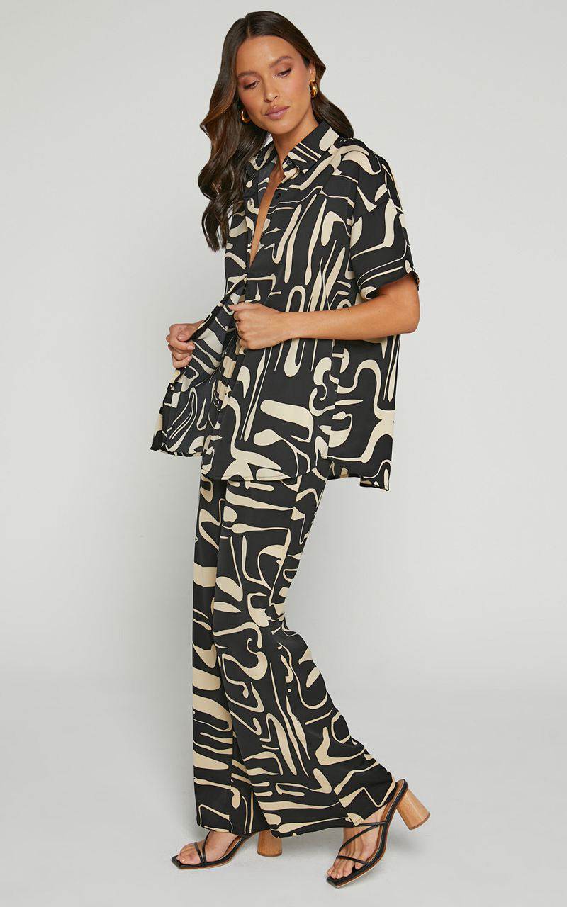 Showpo Karla Two Piece Set - Button Up Shirt And Wide Leg Pants Set Black & Sand Print | PBCLNG796