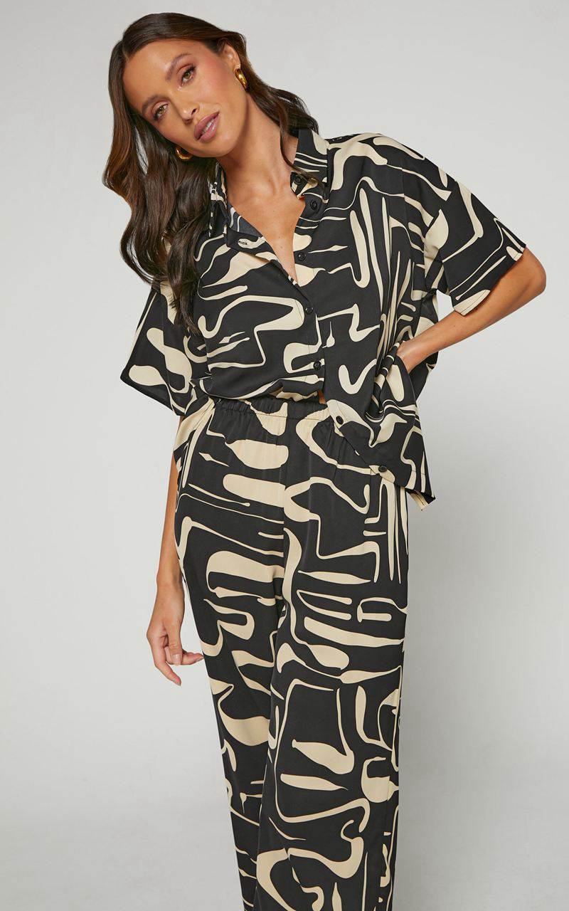 Showpo Karla Two Piece Set - Button Up Shirt And Wide Leg Pants Set Black & Sand Print | PBCLNG796