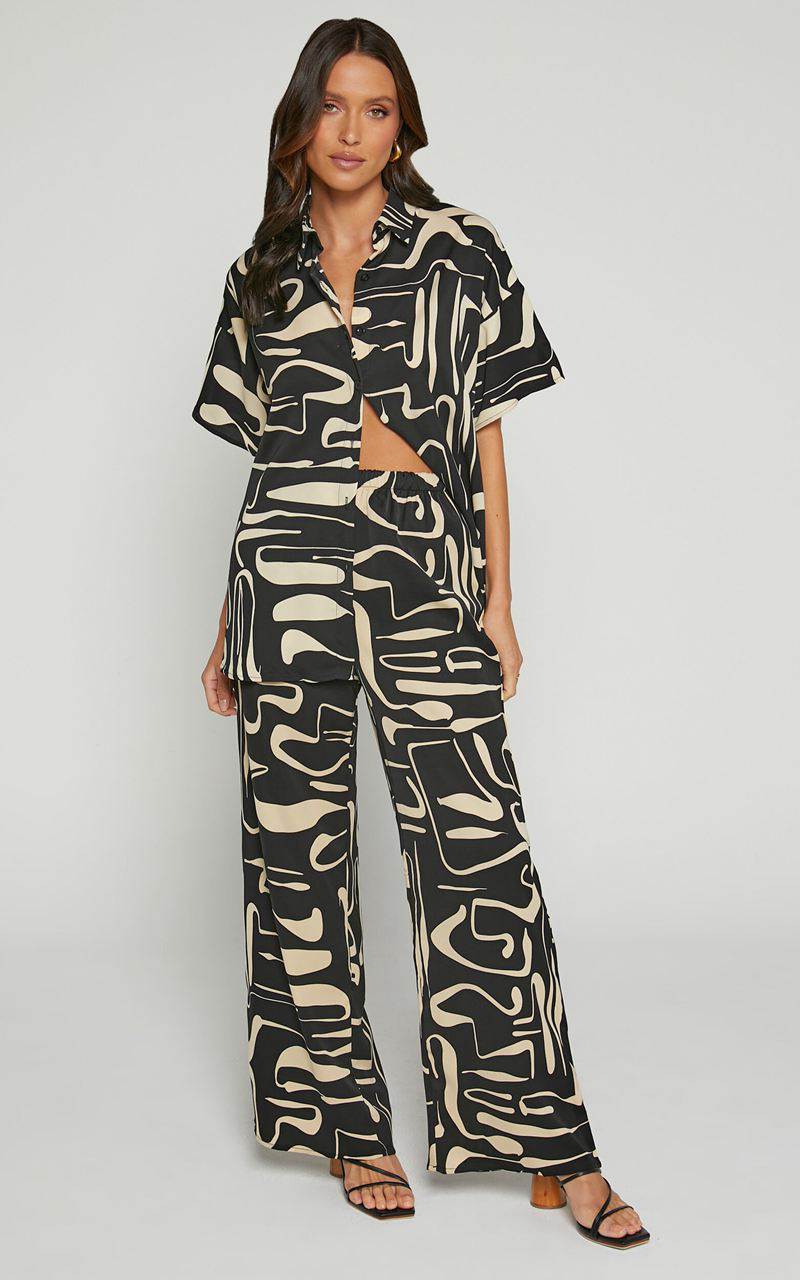 Showpo Karla Two Piece Set - Button Up Shirt And Wide Leg Pants Set Black & Sand Print | PBCLNG796