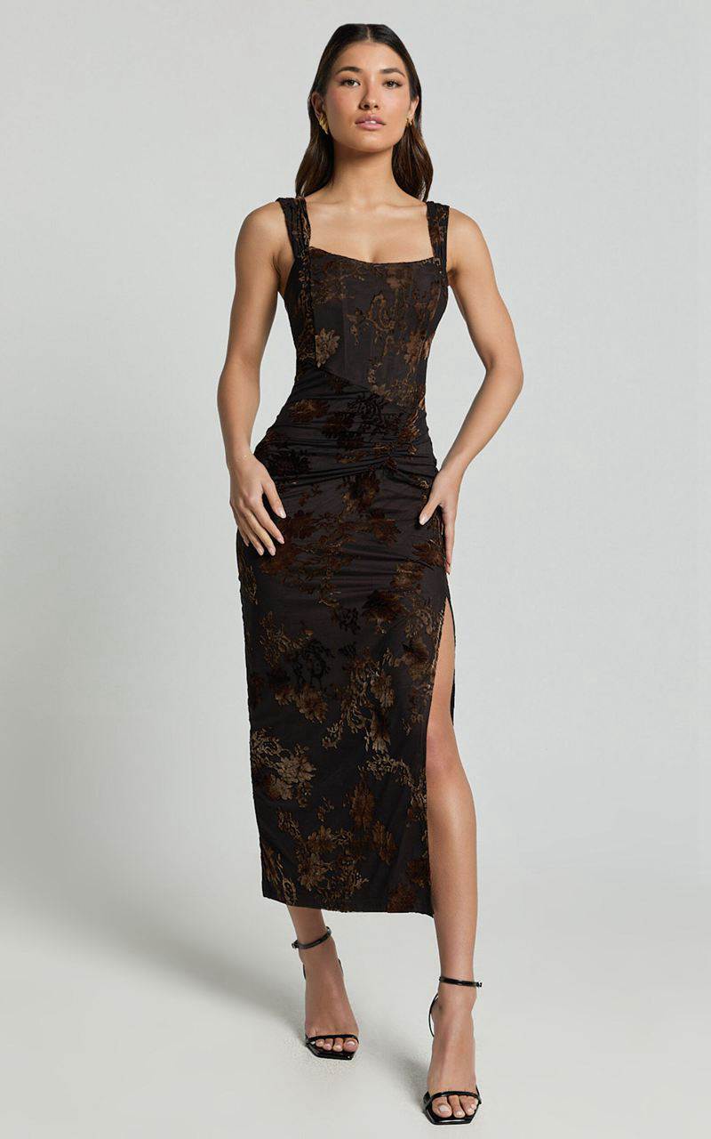 Showpo Karlene Midi Dress - Ruched Corset Burnout Dress Black And Brown | UWCEXH450