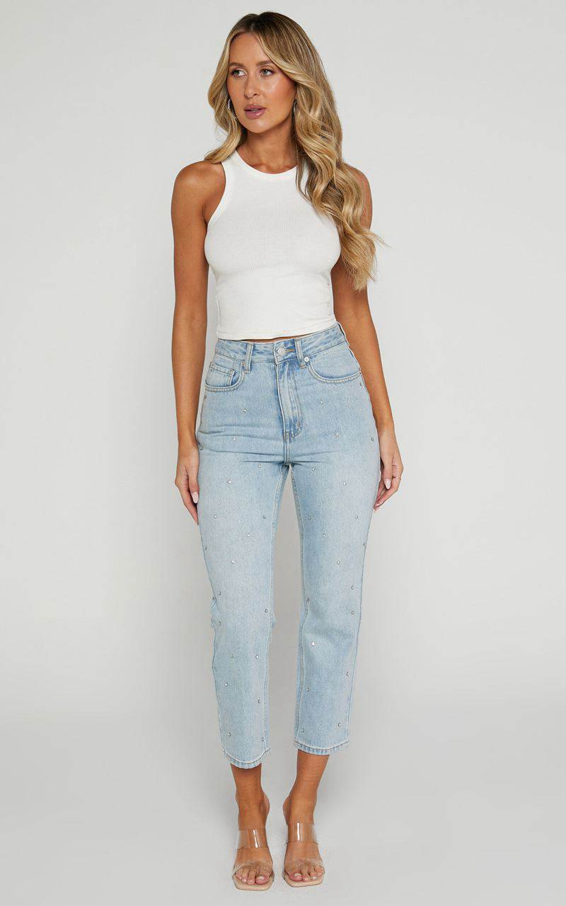 Showpo Karter Jeans - High Waisted Rhinestone Straight Leg Denim Jeans Light Blue Wash | AKMOFE630