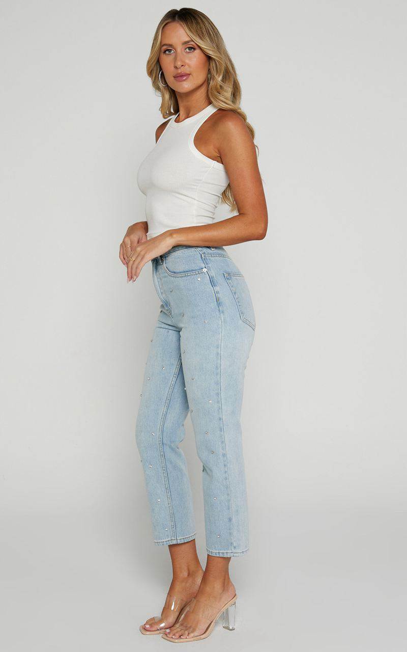 Showpo Karter Jeans - High Waisted Rhinestone Straight Leg Denim Jeans Light Blue Wash | AKMOFE630