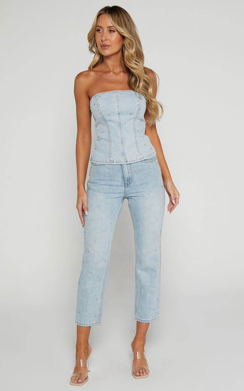 Showpo Karter Jeans - High Waisted Rhinestone Straight Leg Denim Jeans Light Blue Wash | AKMOFE630