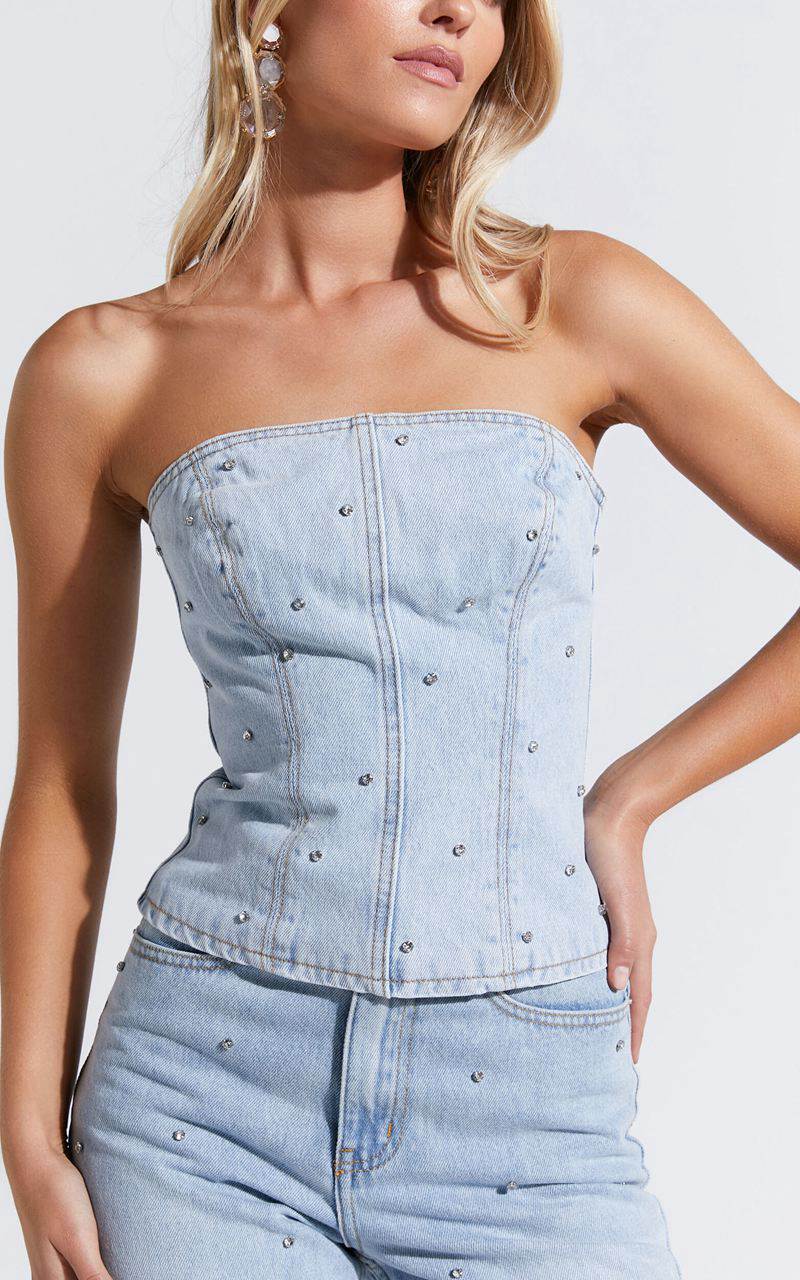 Showpo Karter Top - Rhinestone Denim Strapless Top Light Blue Wash | ZGYNDM704