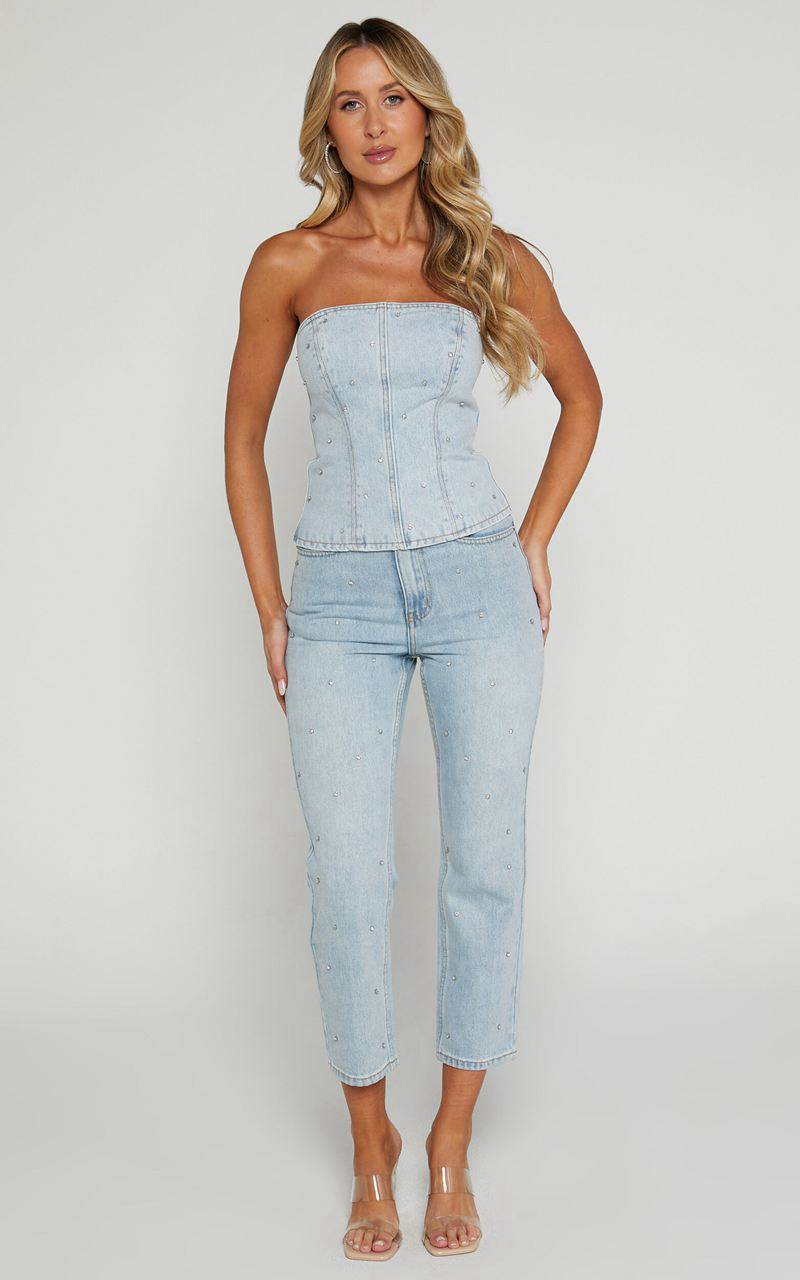 Showpo Karter Top - Rhinestone Denim Strapless Top Light Blue Wash | ZGYNDM704