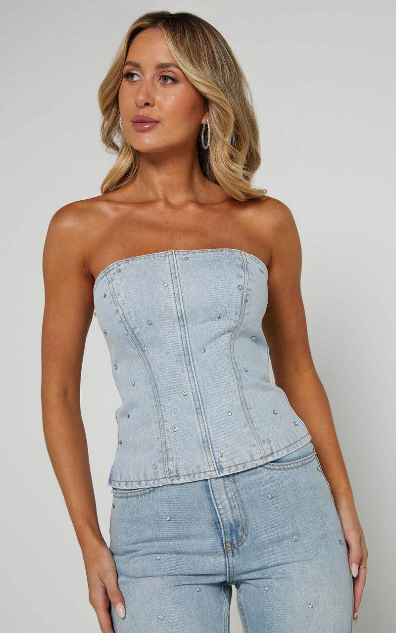 Showpo Karter Top - Rhinestone Denim Strapless Top Light Blue Wash | ZGYNDM704