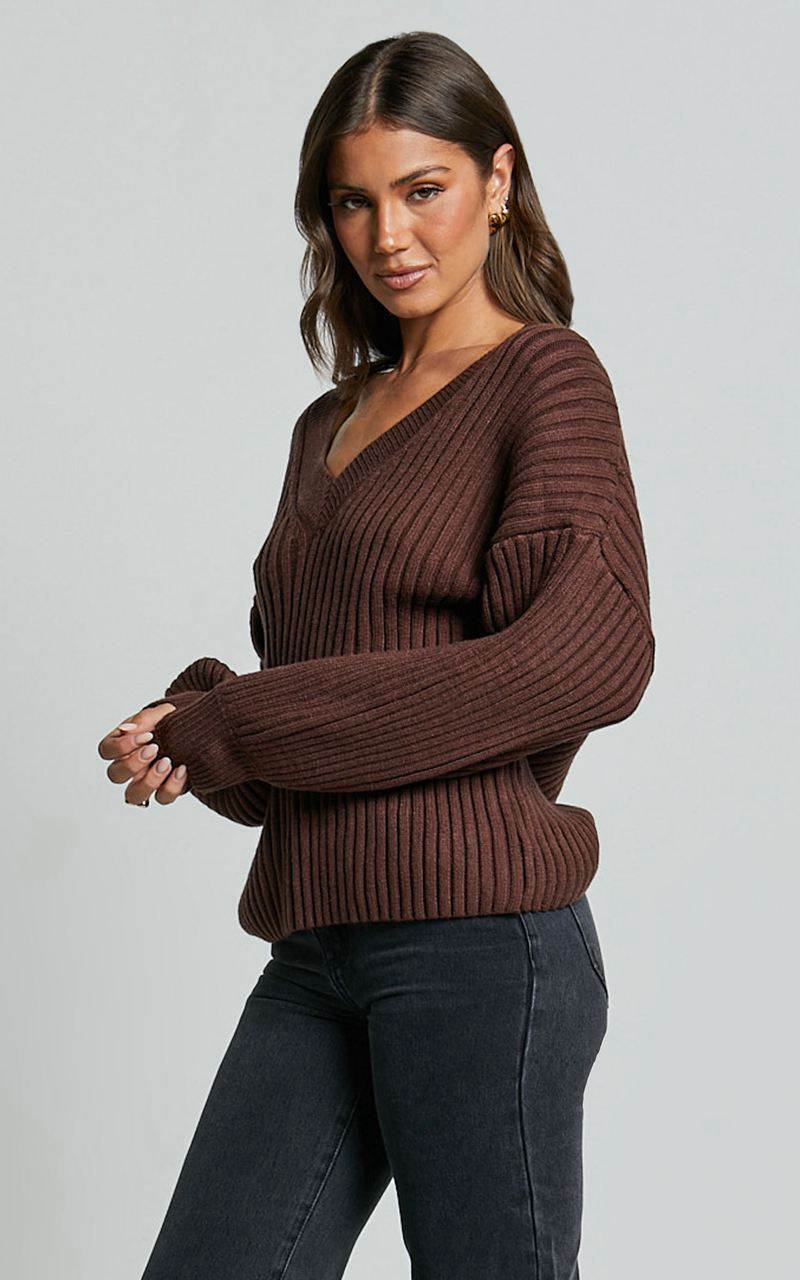 Showpo Kartia Jumper - V Neck Jumper Chocolate | BYFGEK580