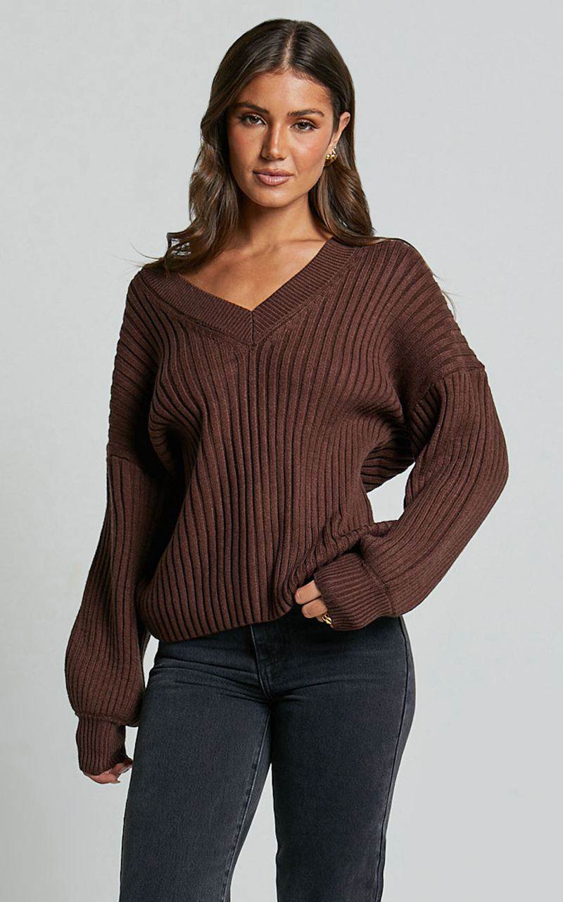 Showpo Kartia Jumper - V Neck Jumper Chocolate | BYFGEK580