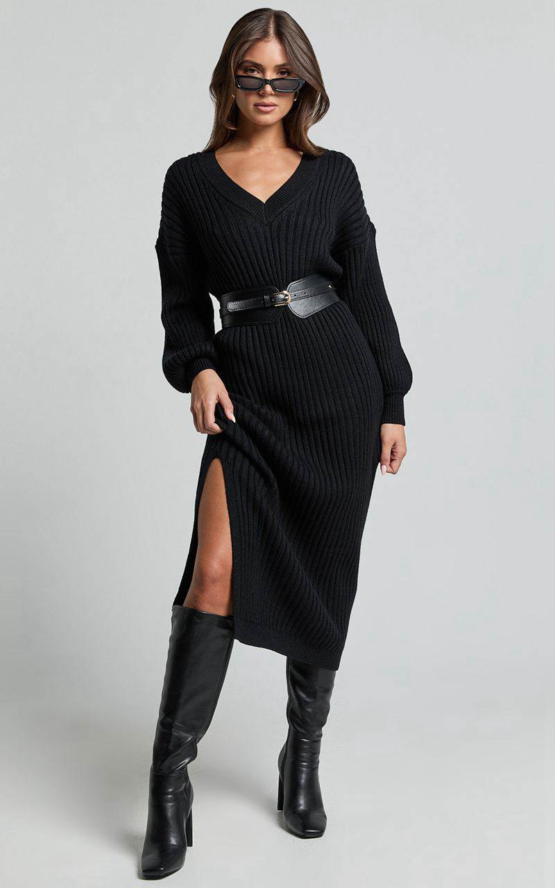 Showpo Kartia Midi Dress - V Neck Knit Dress Black | WXYUSF185