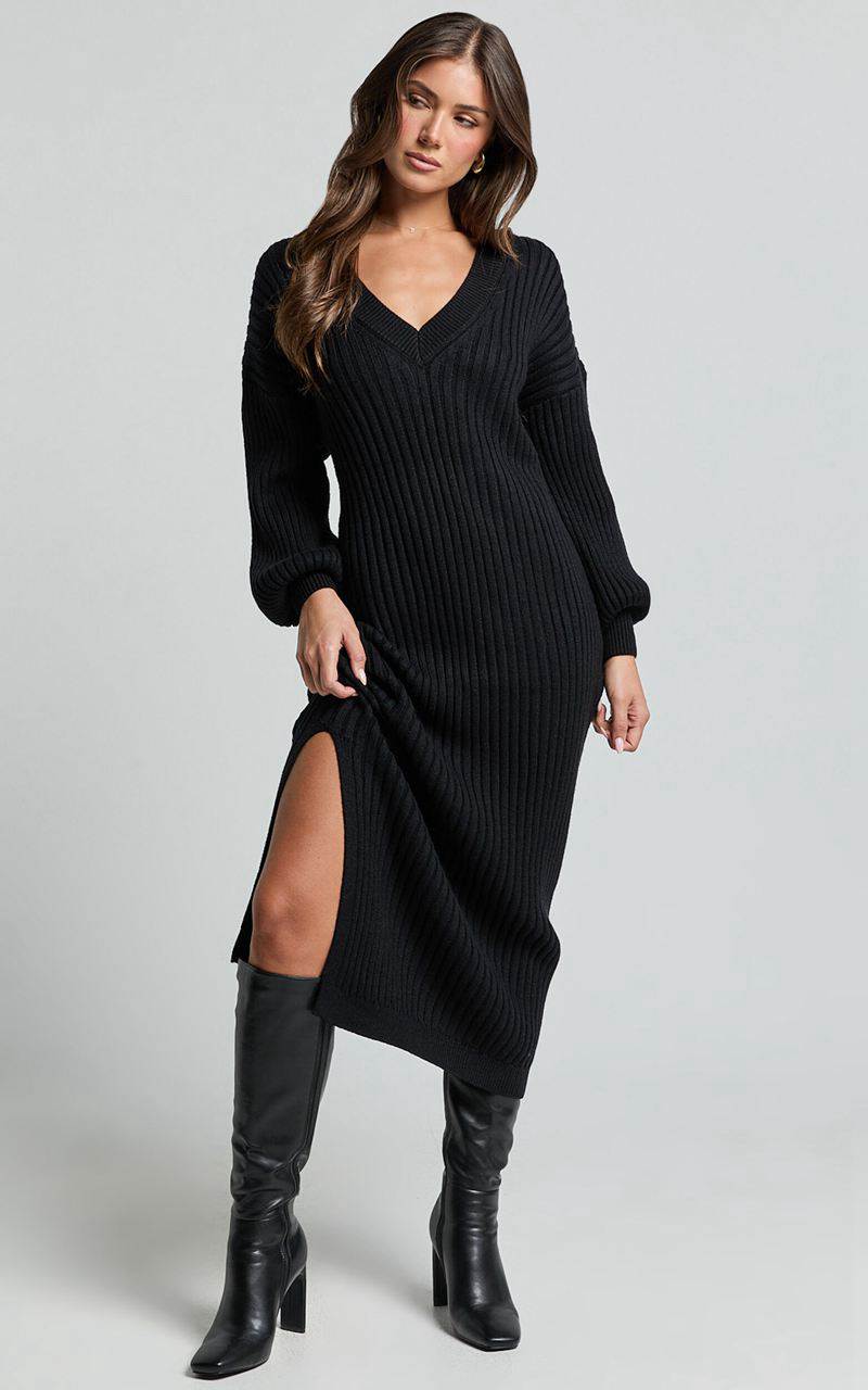 Showpo Kartia Midi Dress - V Neck Knit Dress Black | WXYUSF185