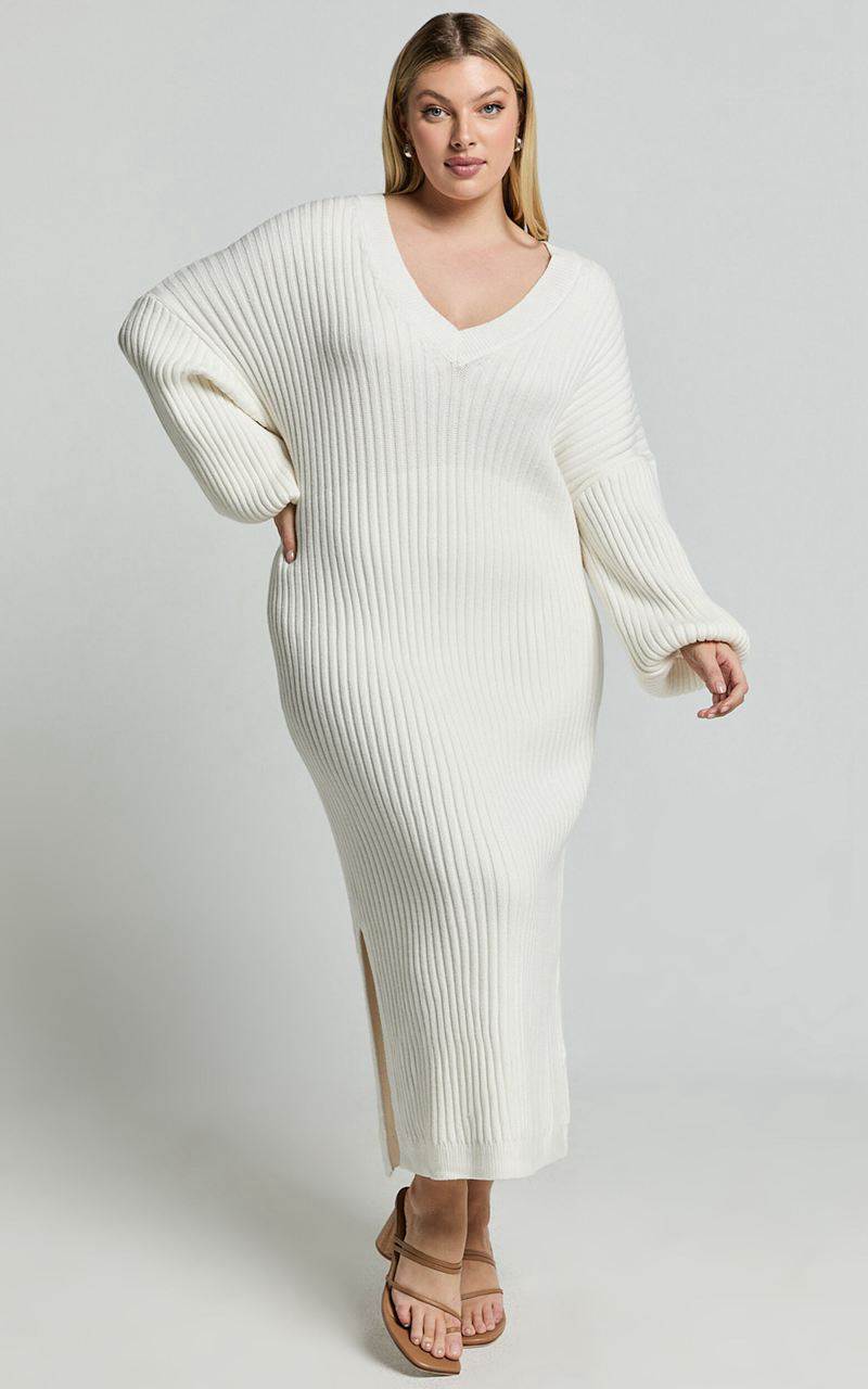 Showpo Kartia Midi Dress - V Neck Knit Dress Off White | AKEZTU965