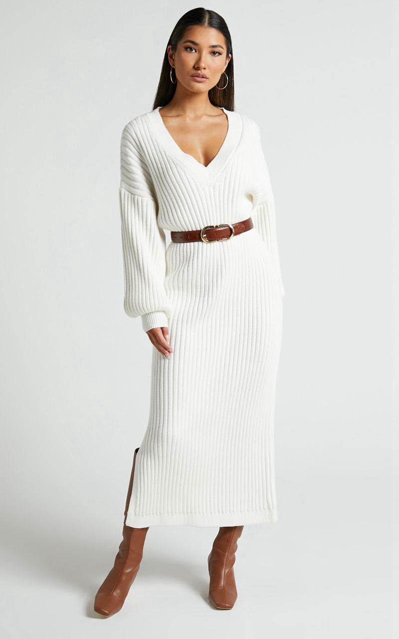 Showpo Kartia Midi Dress - V Neck Knit Dress Off White | AKEZTU965