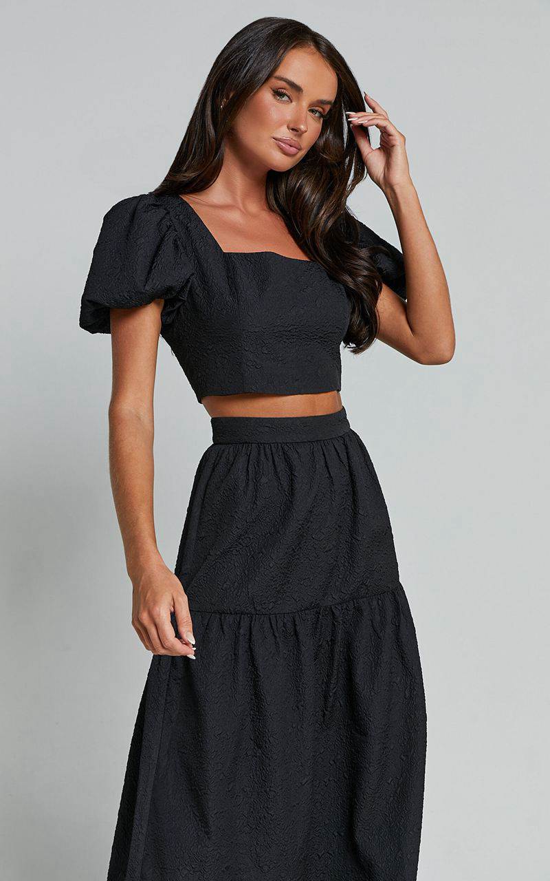 Showpo Katherine Two Piece Set - Puff Sleeve Crop Top And Ruffle Hem Midi Skirt Set Black | YFNXQC685