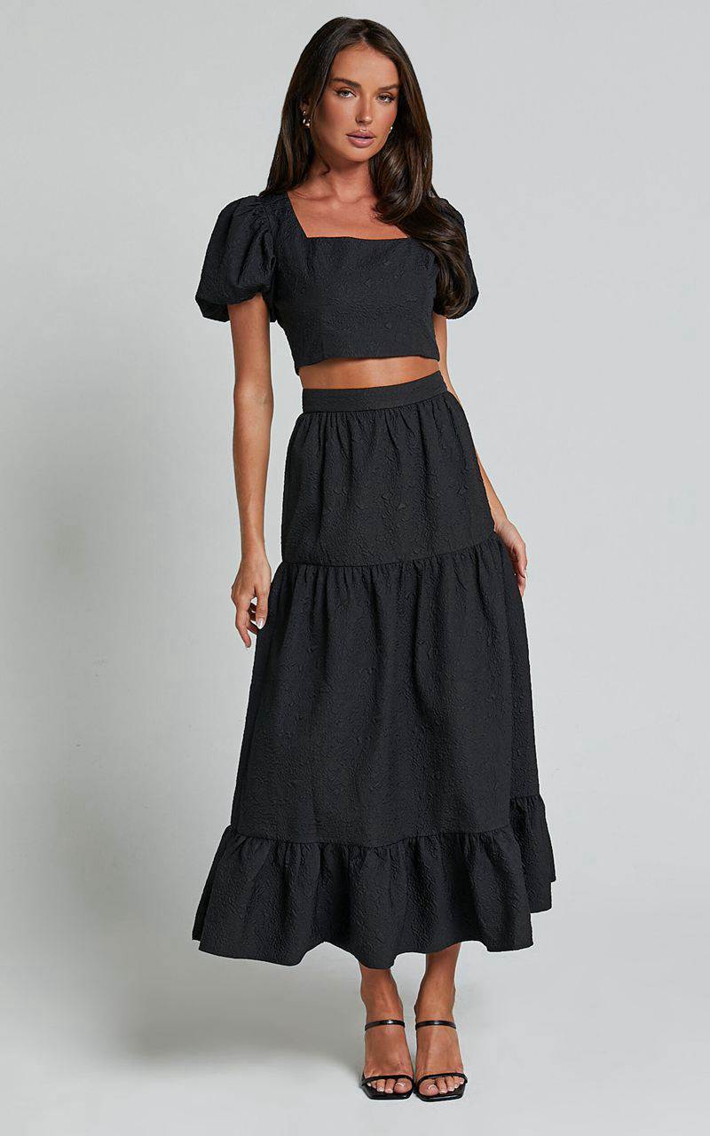 Showpo Katherine Two Piece Set - Puff Sleeve Crop Top And Ruffle Hem Midi Skirt Set Black | YFNXQC685