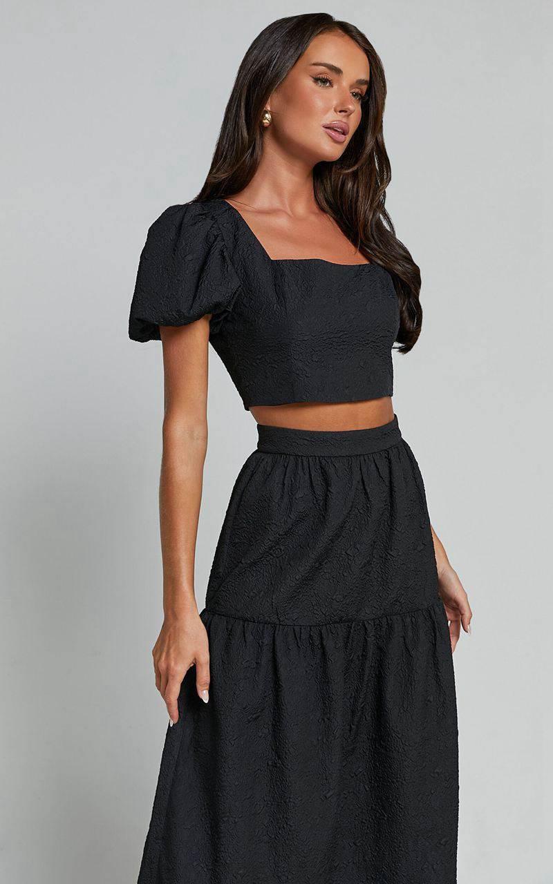 Showpo Katherine Two Piece Set - Puff Sleeve Crop Top And Ruffle Hem Midi Skirt Set Black | YFNXQC685