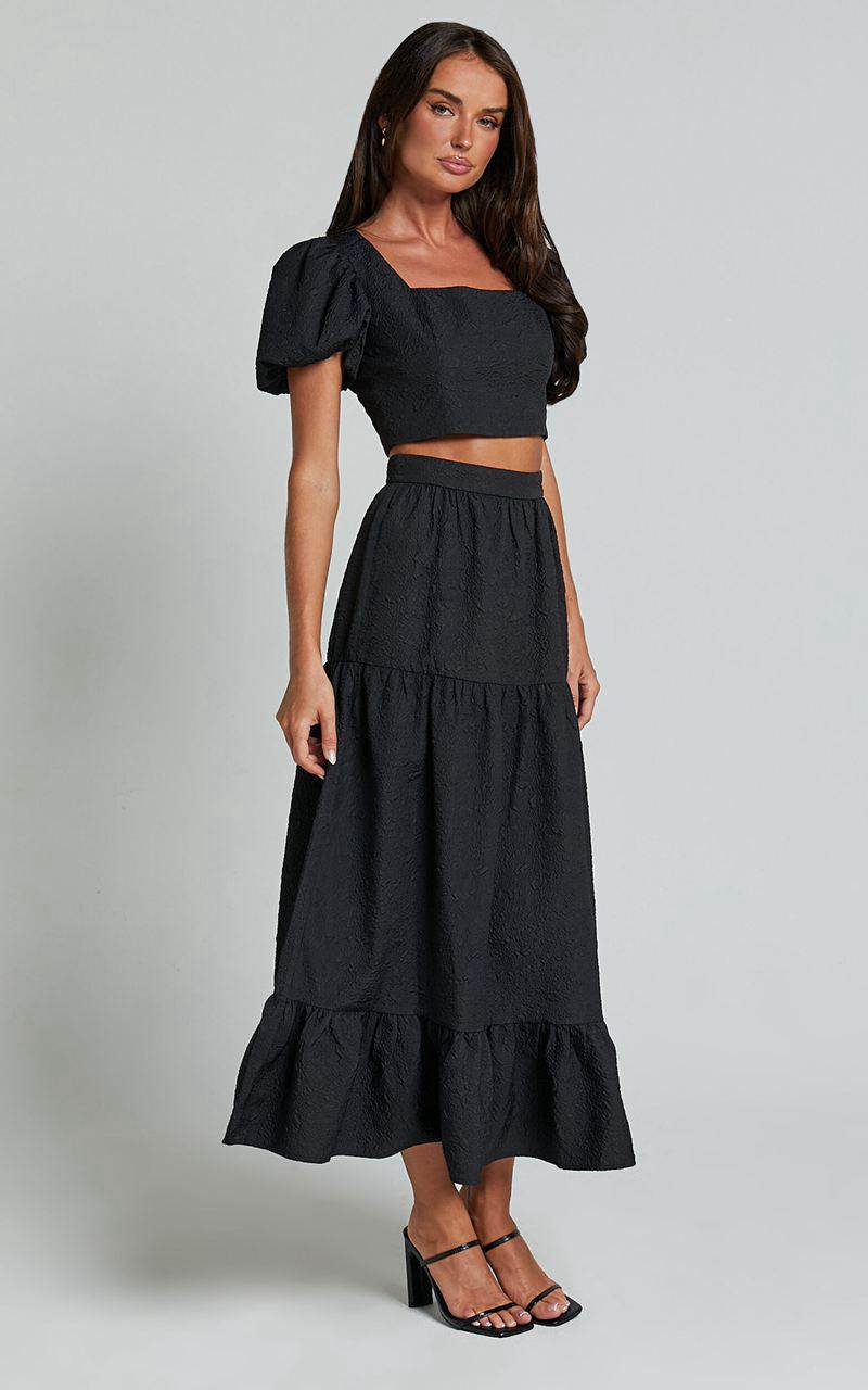 Showpo Katherine Two Piece Set - Puff Sleeve Crop Top And Ruffle Hem Midi Skirt Set Black | YFNXQC685