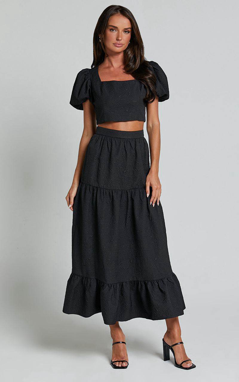 Showpo Katherine Two Piece Set - Puff Sleeve Crop Top And Ruffle Hem Midi Skirt Set Black | YFNXQC685