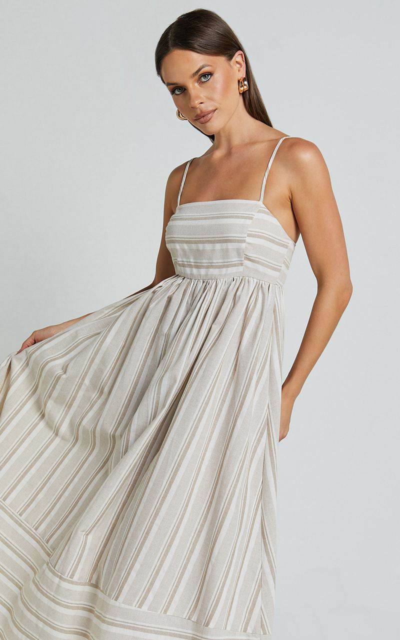 Showpo Katheryn Midi Dress - Strappy Straight Neck A Line Gathered Dress Beige And Natural Stripe | IAWCNP518