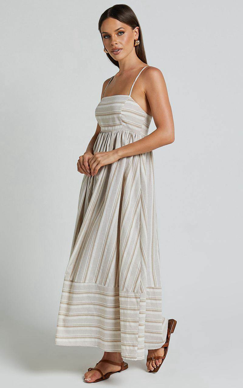 Showpo Katheryn Midi Dress - Strappy Straight Neck A Line Gathered Dress Beige And Natural Stripe | IAWCNP518