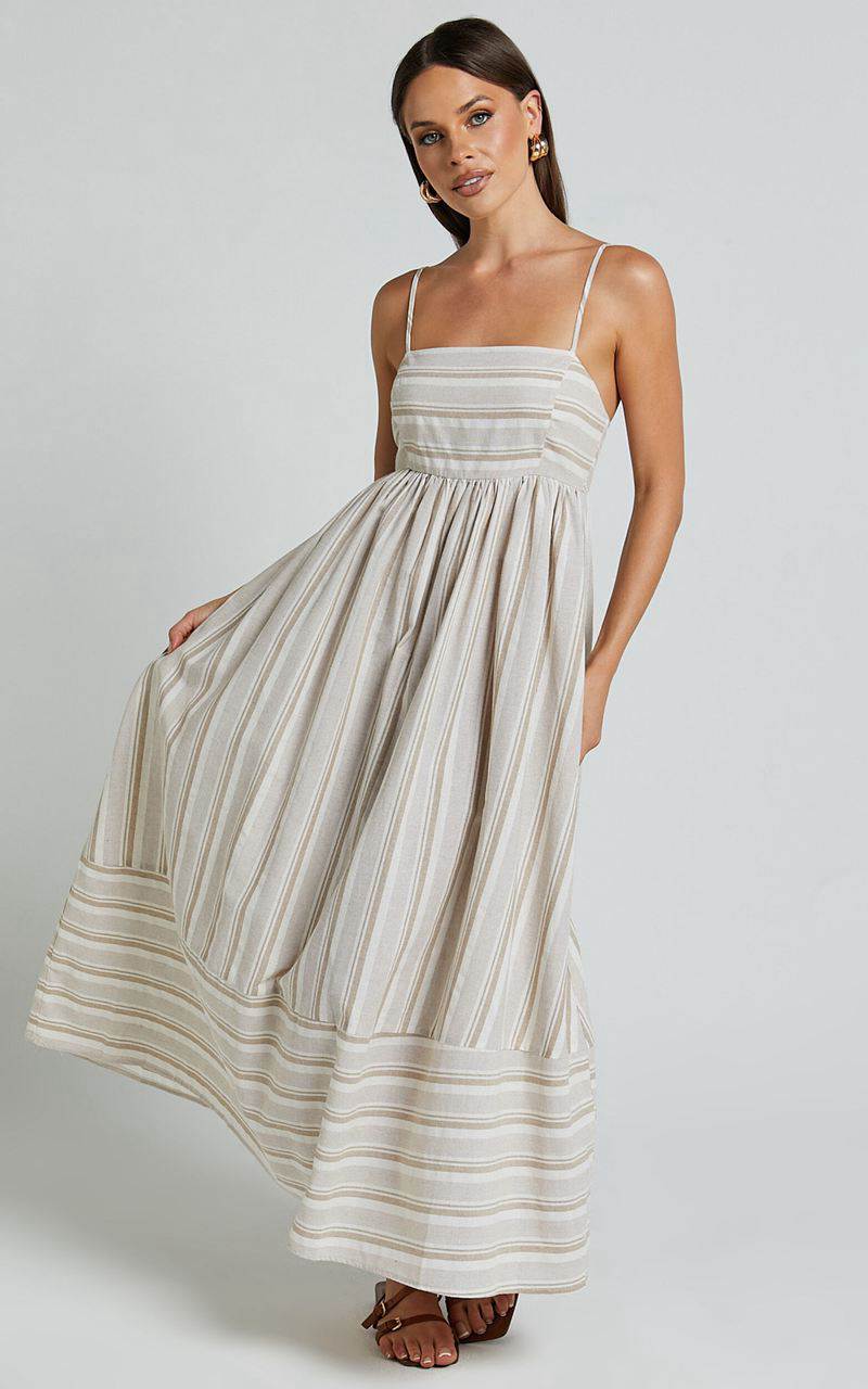 Showpo Katheryn Midi Dress - Strappy Straight Neck A Line Gathered Dress Beige And Natural Stripe | IAWCNP518