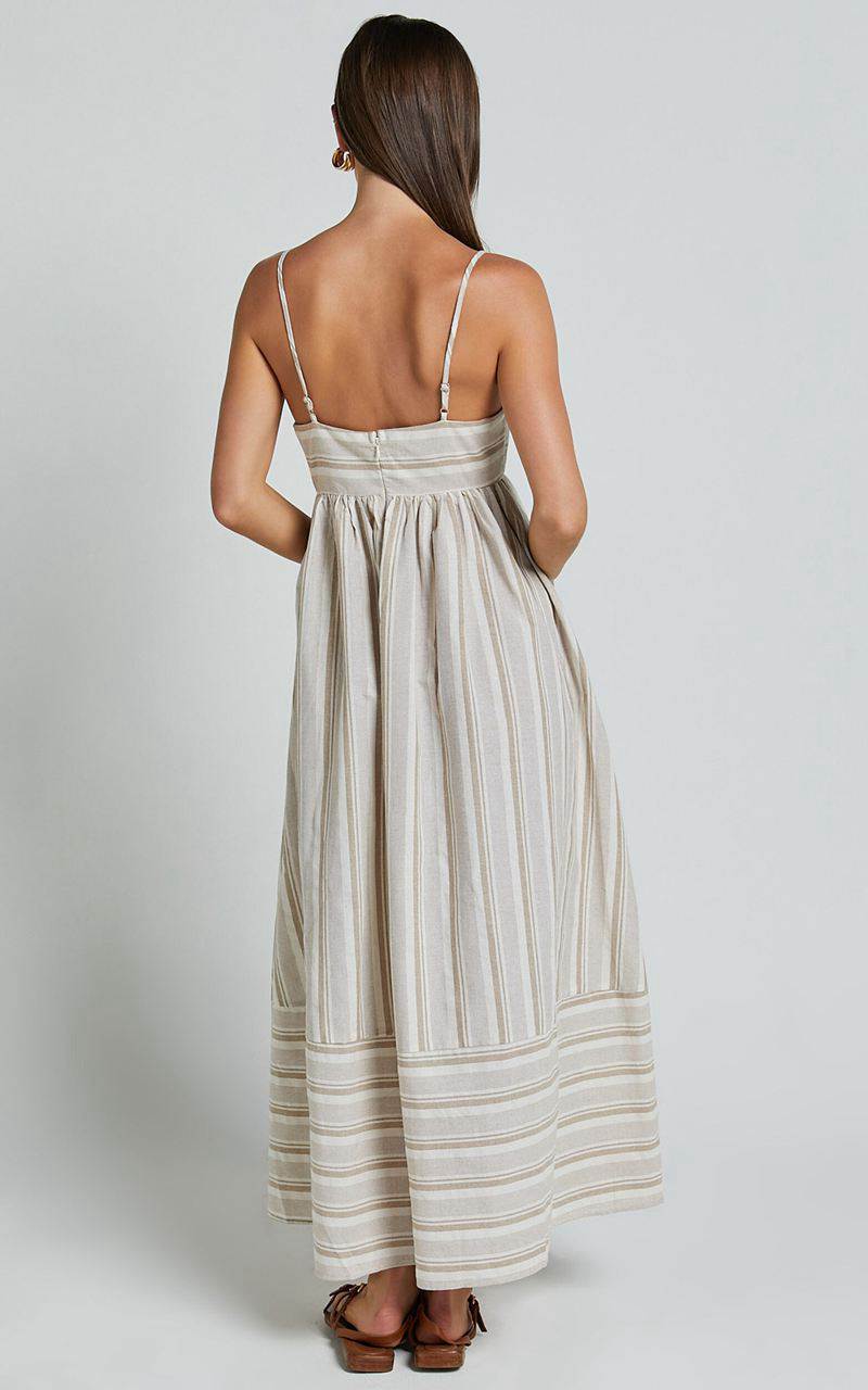 Showpo Katheryn Midi Dress - Strappy Straight Neck A Line Gathered Dress Beige And Natural Stripe | IAWCNP518