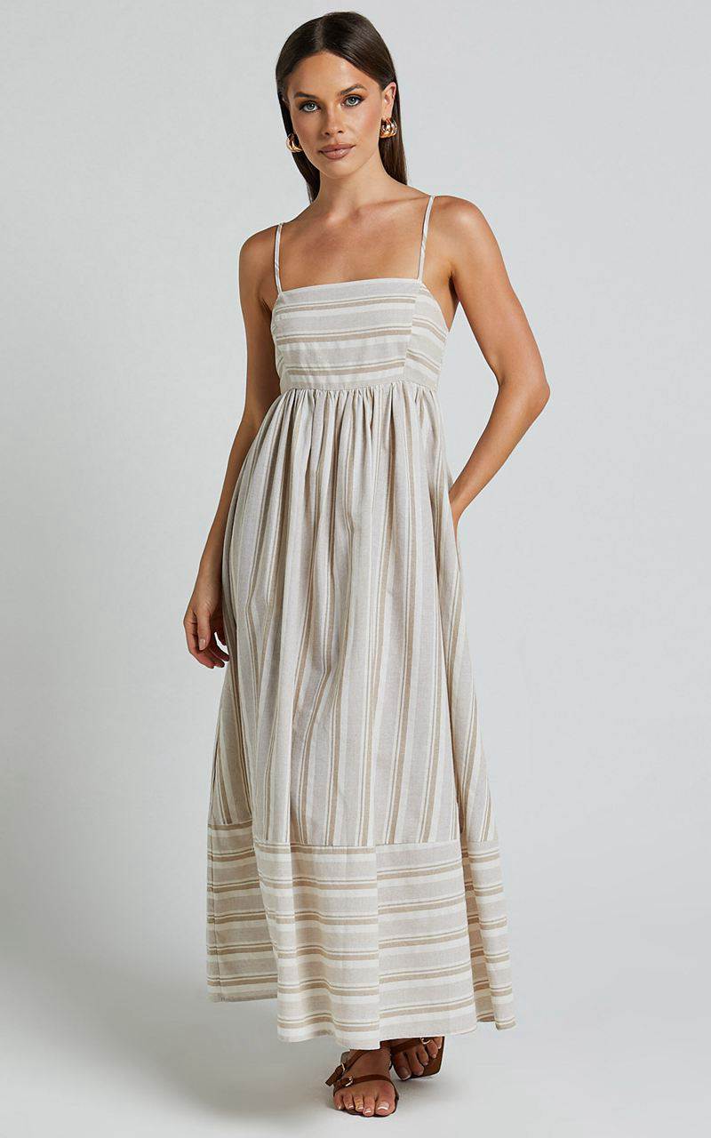 Showpo Katheryn Midi Dress - Strappy Straight Neck A Line Gathered Dress Beige And Natural Stripe | IAWCNP518