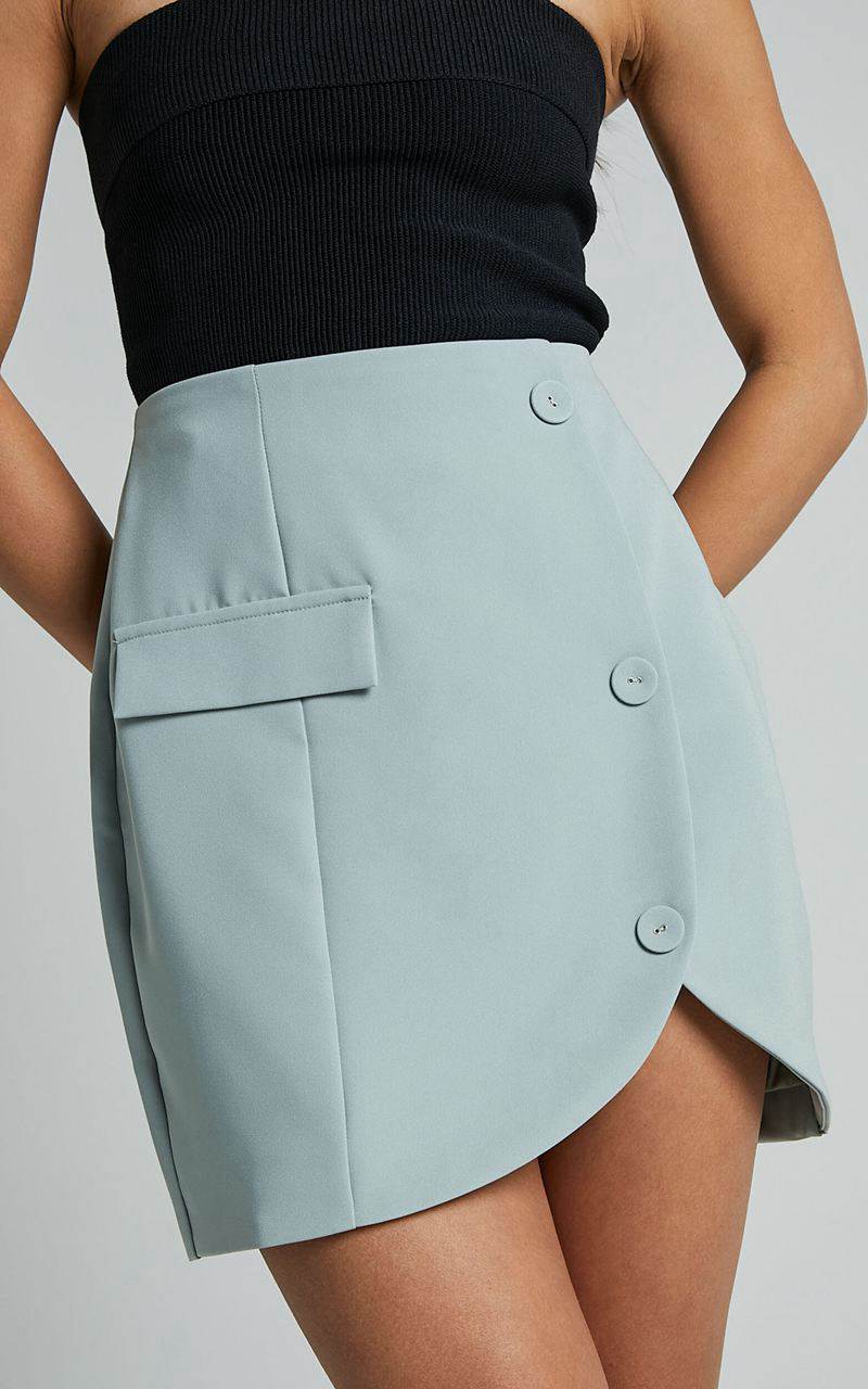 Showpo Kathia Mini Skirt - Asymmetric Button Detail Skirt Sage | CVAQLB795