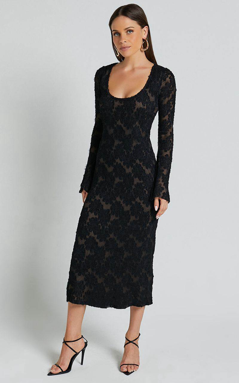 Showpo Kathy Midi Dress - Scoop Neck Long Sleeve Jacquard Textured Dress Black | NDCASP218