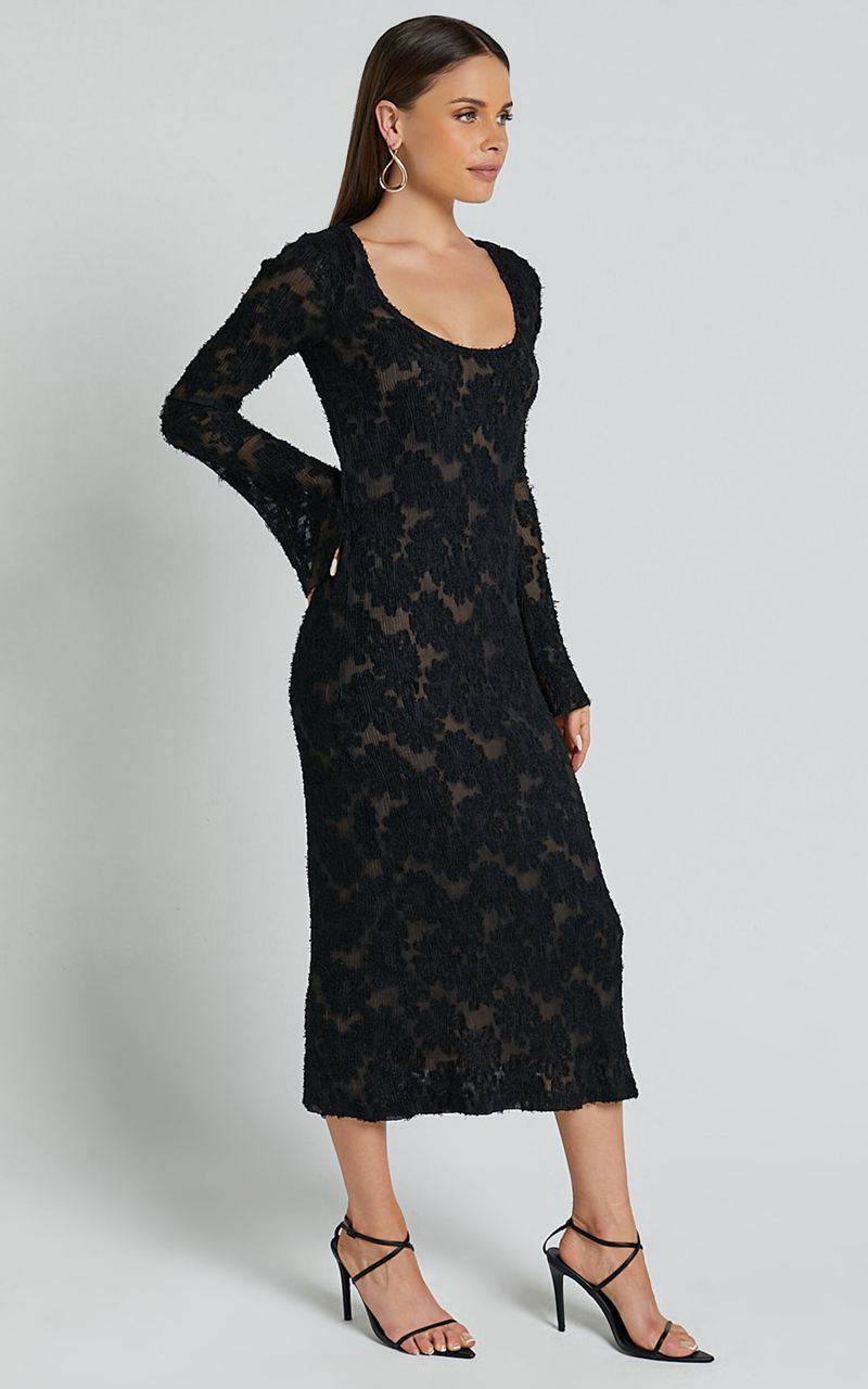 Showpo Kathy Midi Dress - Scoop Neck Long Sleeve Jacquard Textured Dress Black | NDCASP218