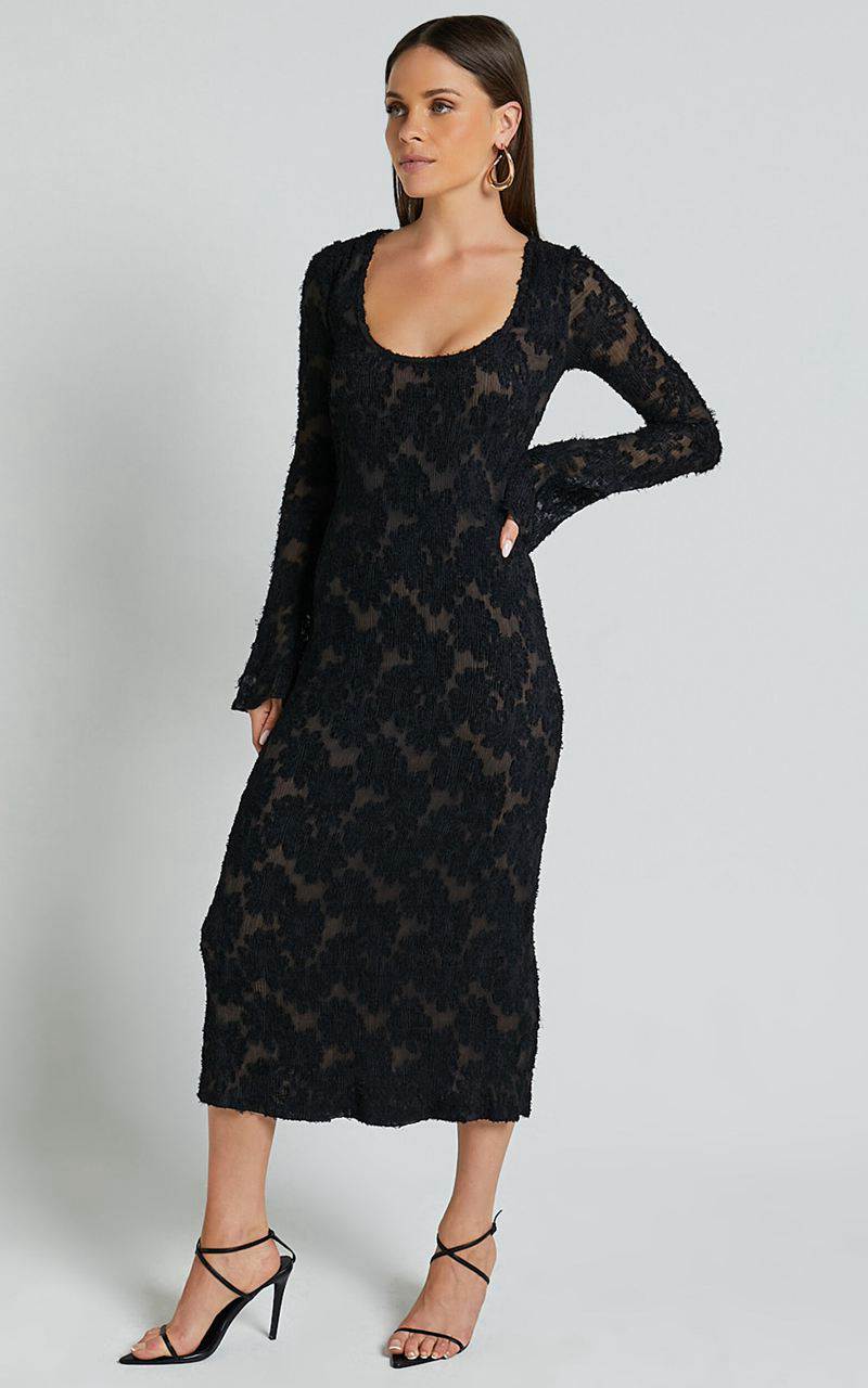 Showpo Kathy Midi Dress - Scoop Neck Long Sleeve Jacquard Textured Dress Black | NDCASP218