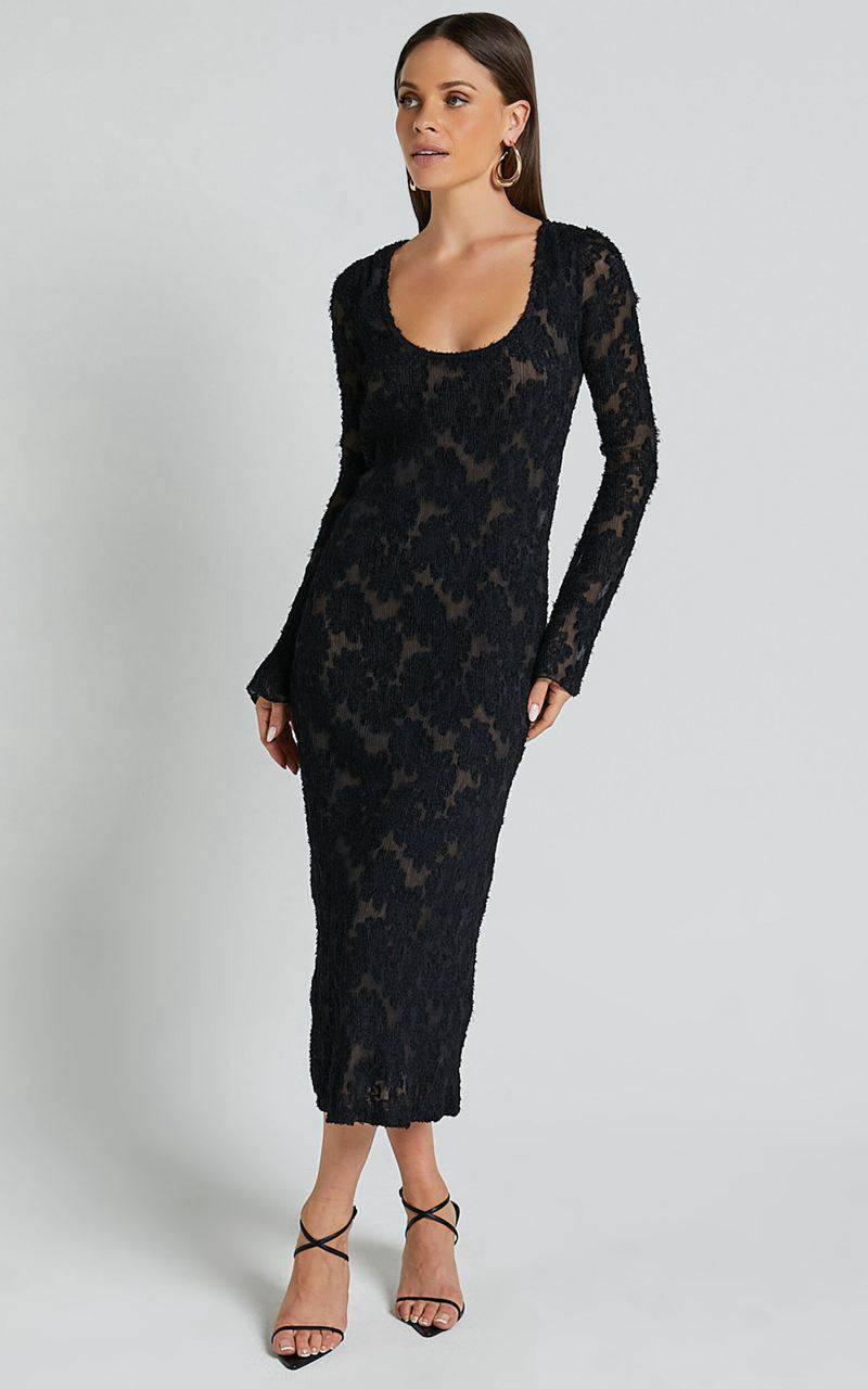 Showpo Kathy Midi Dress - Scoop Neck Long Sleeve Jacquard Textured Dress Black | NDCASP218