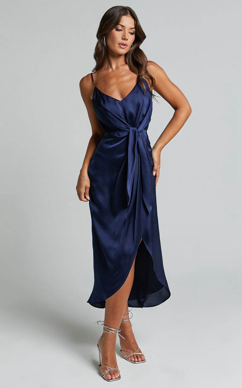 Showpo Katie Midi Dress - V Neck Tie Front Detail Dress Mid Night Blue | VLRNSF917