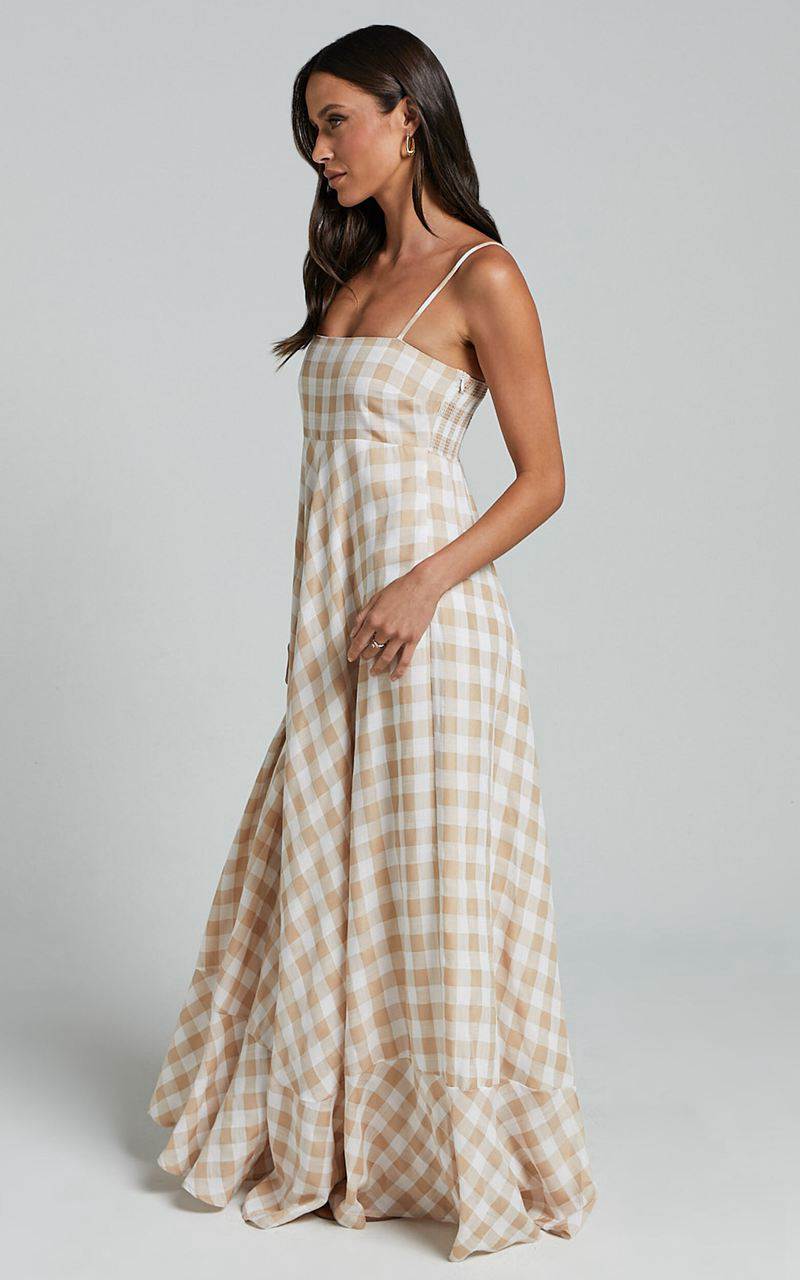 Showpo Katrien Maxi Dress - Strappy Empire Waist Flare Dress Beige And White Check | YKVLHT467