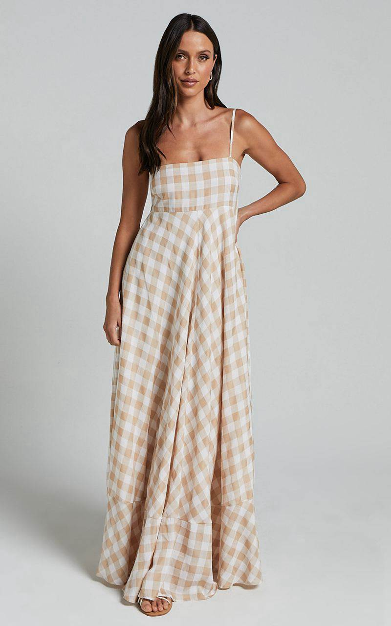 Showpo Katrien Maxi Dress - Strappy Empire Waist Flare Dress Beige And White Check | YKVLHT467