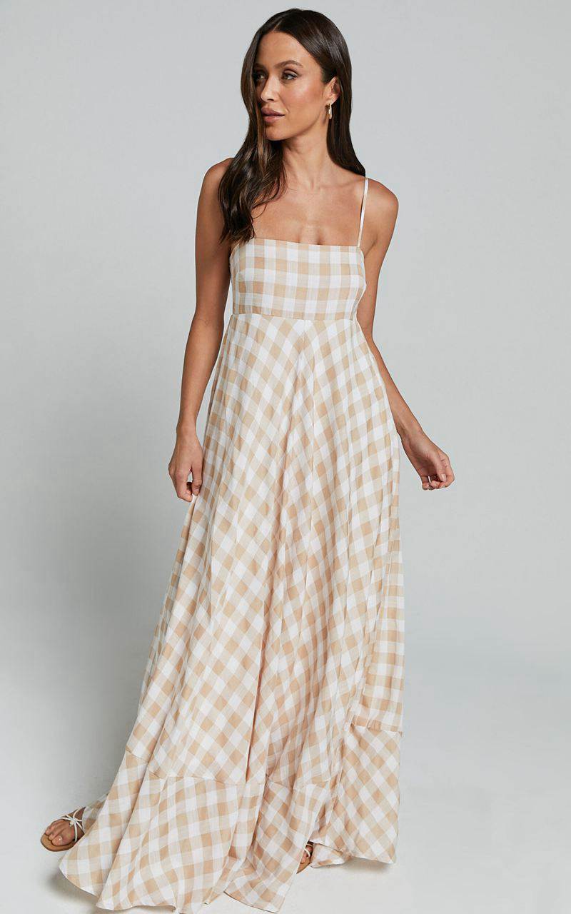 Showpo Katrien Maxi Dress - Strappy Empire Waist Flare Dress Beige And White Check | YKVLHT467