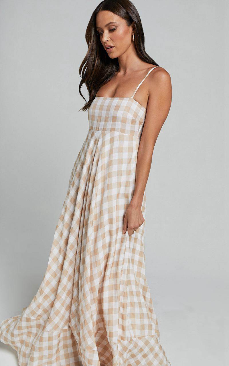 Showpo Katrien Maxi Dress - Strappy Empire Waist Flare Dress Beige And White Check | YKVLHT467