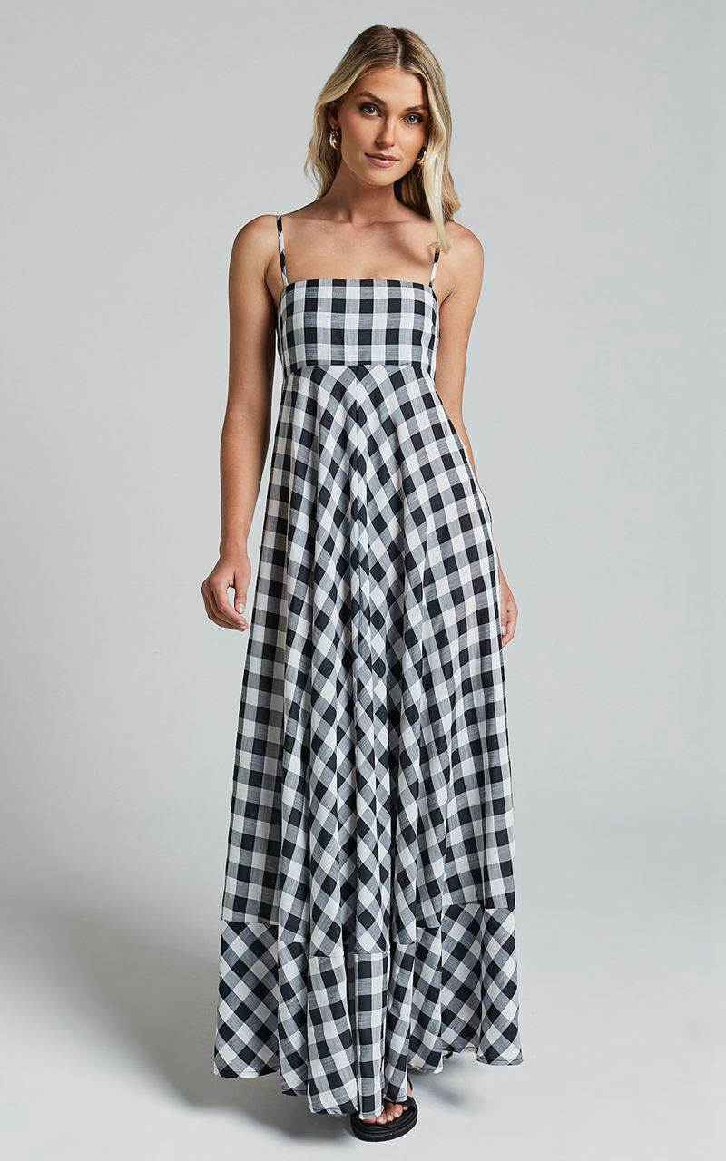 Showpo Katrien Maxi Dress - Strappy Empire Waist Flare Dress Black And White Check | FQVKCD659