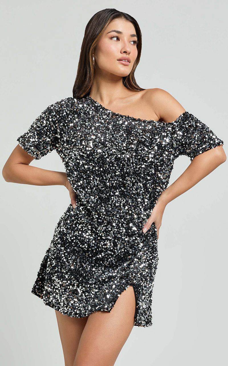 Showpo Katrine Mini Dress - Off Shoulder Shift Sequin Dress Black | ORFEUL182