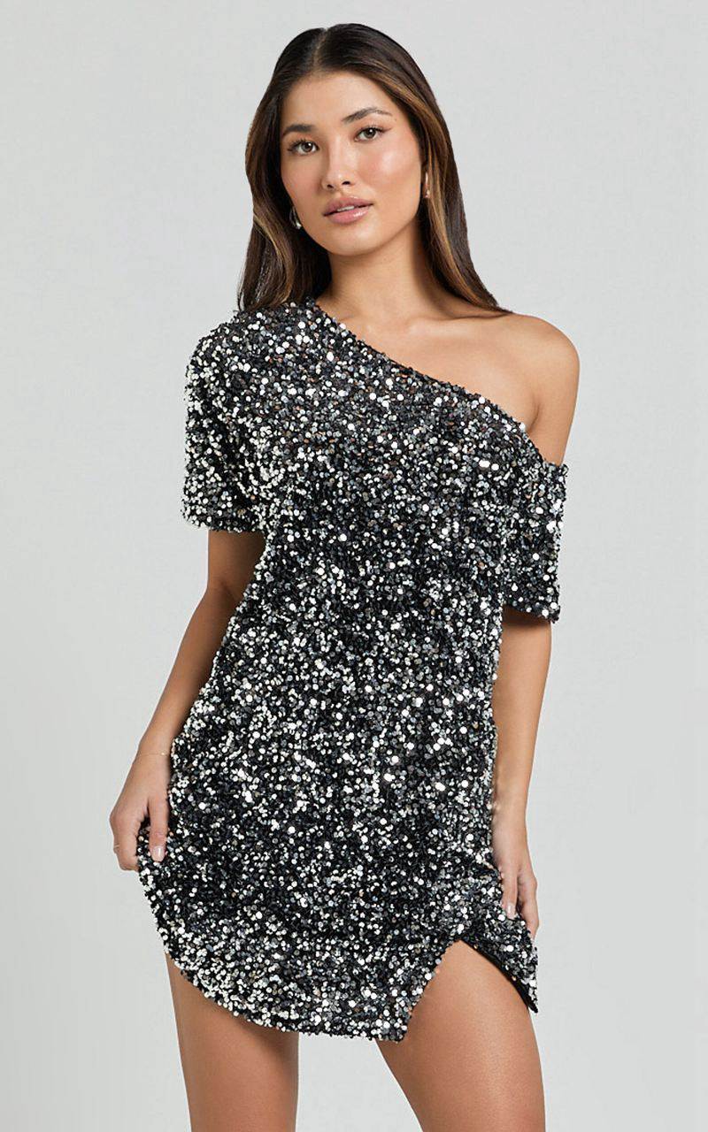 Showpo Katrine Mini Dress - Off Shoulder Shift Sequin Dress Black | ORFEUL182