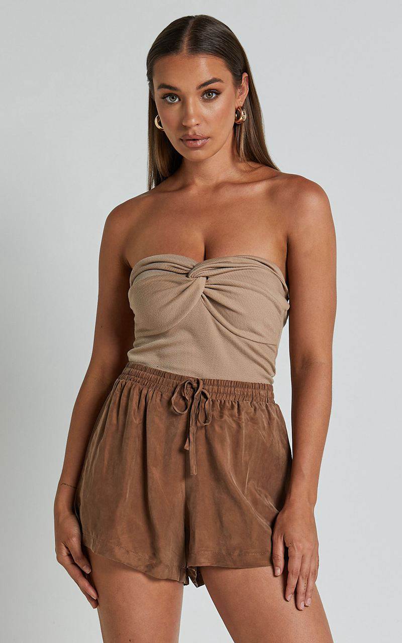 Showpo Kaya Shorts - Cupro Drawstring Asymmetrical Hem Shorts Mocha | MAIPKT825