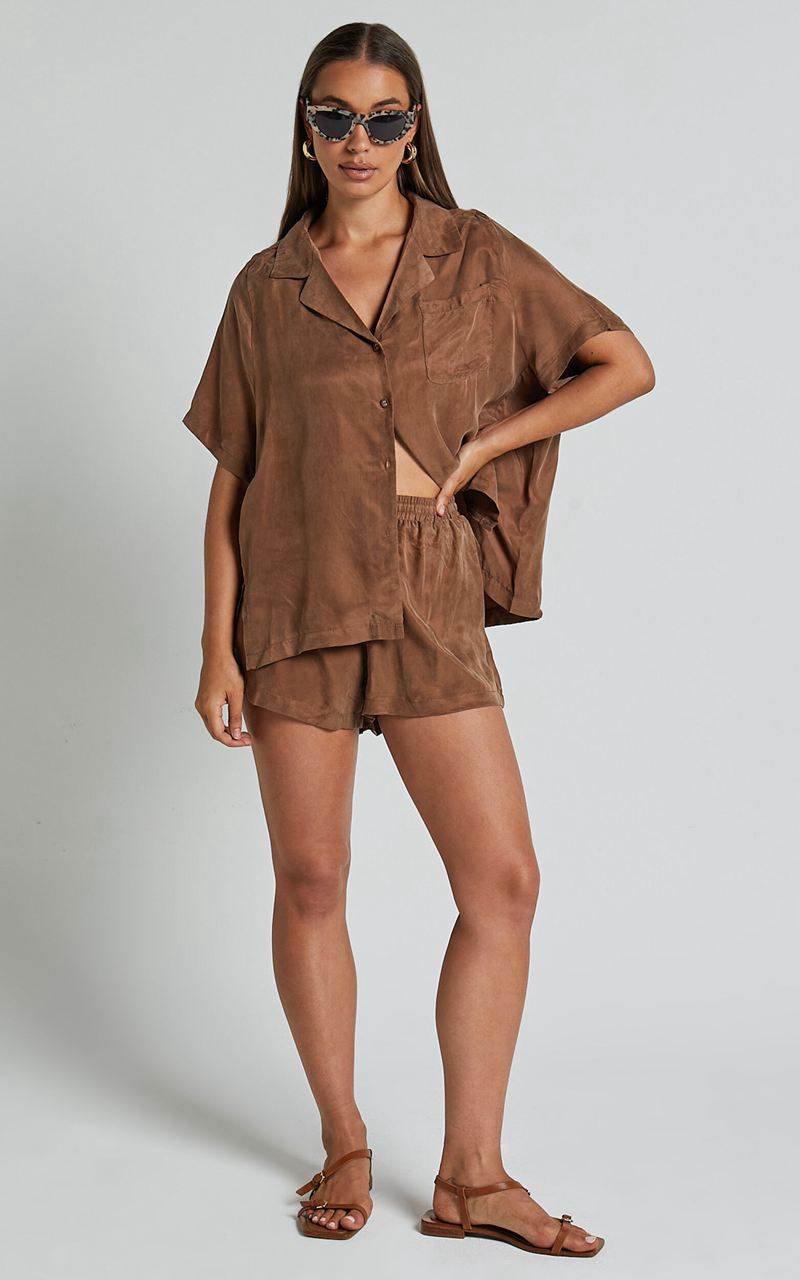 Showpo Kaya Shorts - Cupro Drawstring Asymmetrical Hem Shorts Mocha | MAIPKT825