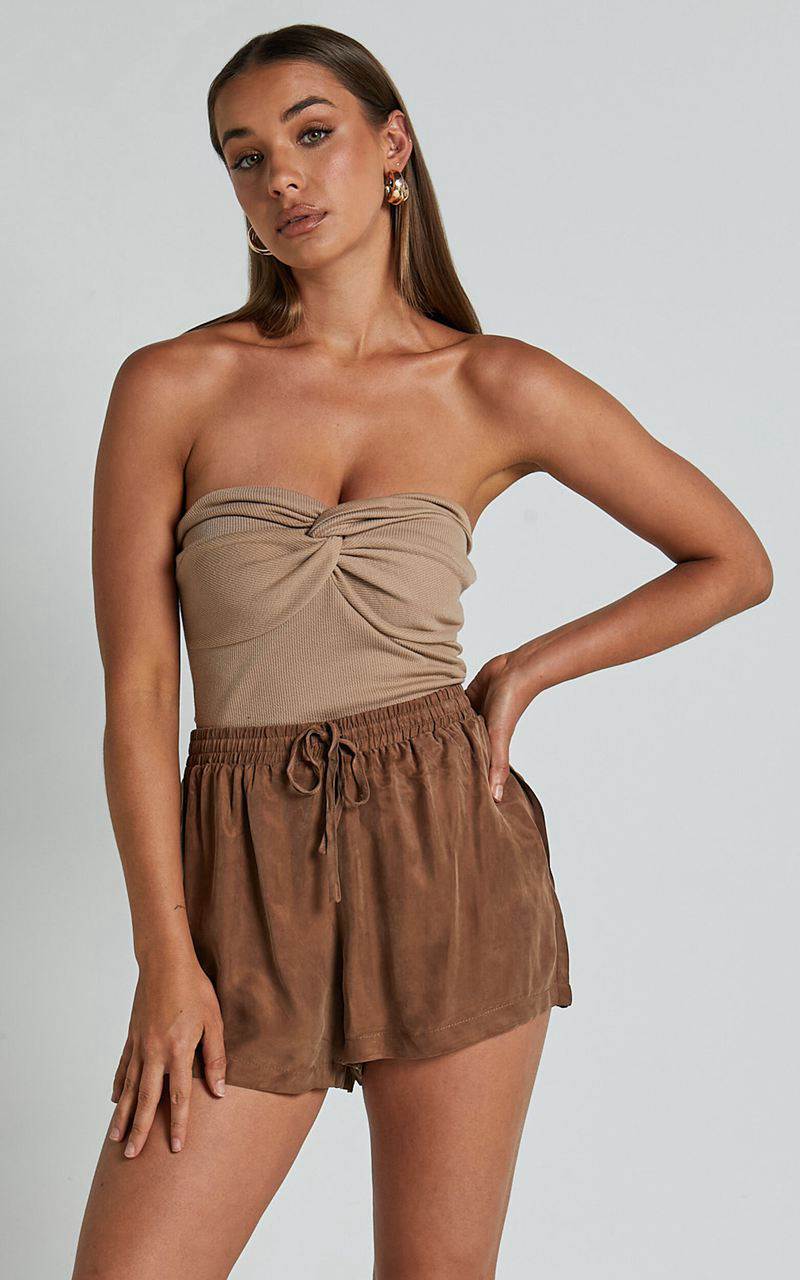 Showpo Kaya Shorts - Cupro Drawstring Asymmetrical Hem Shorts Mocha | MAIPKT825