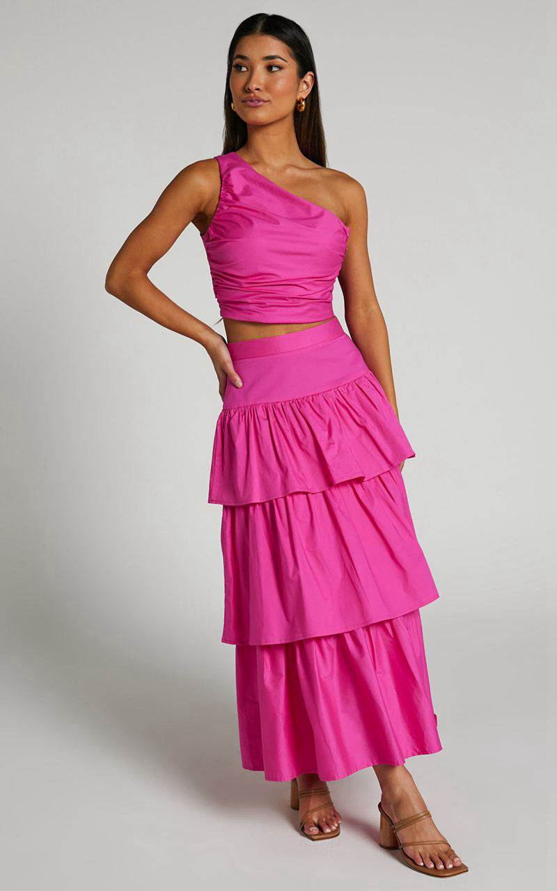 Showpo Kaycie Two Piece Set - One Shoulder Asymmetrical Ruched Top And Tiered Midi Skirt Set Pink | SXJPCM960