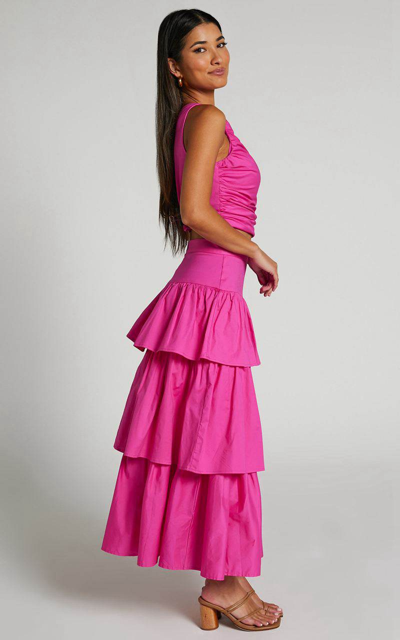 Showpo Kaycie Two Piece Set - One Shoulder Asymmetrical Ruched Top And Tiered Midi Skirt Set Pink | SXJPCM960