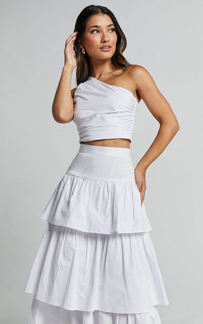 Showpo Kaycie Two Piece Set - One Shoulder Asymmetrical Ruched Top And Tiered Midi Skirt Set White | JEQKPH298