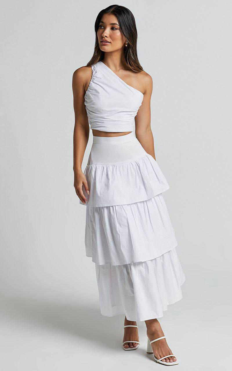 Showpo Kaycie Two Piece Set - One Shoulder Asymmetrical Ruched Top And Tiered Midi Skirt Set White | JEQKPH298